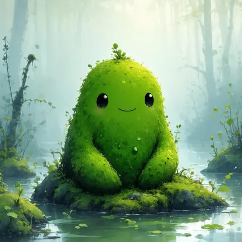 Cute Moss Creature Resting in Foggy Swamp
