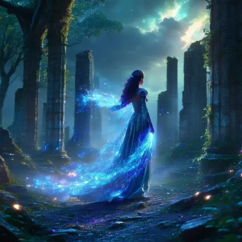 Radiant Maiden Standing Heroic Among Enchanted Ruins