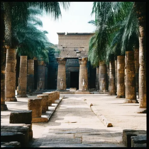 Egyptian Temple Film Still With Lush Palms