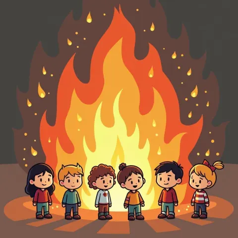 Cartoon Friends Gathered Around Animated Sparking Fire