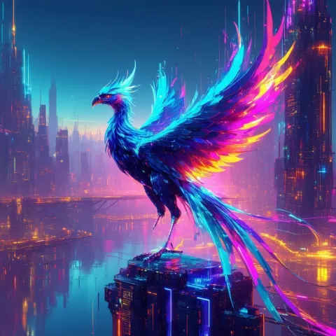 Neon Phoenix Rising Over Cyberpunk City