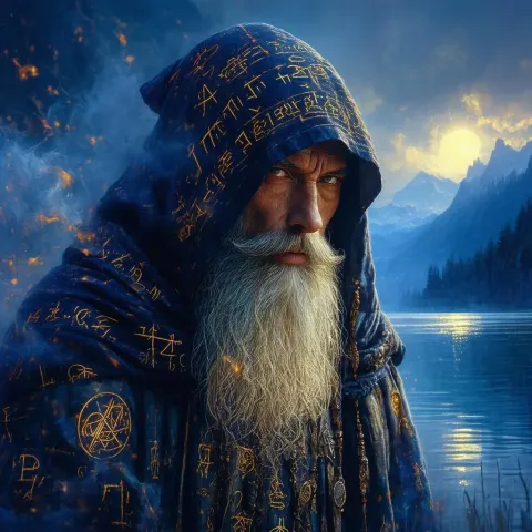Ancient Evil Wizard Before an Ethereal Lake