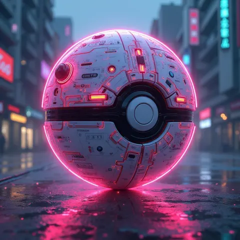 Neon Pokeball Wired With Glowing Circuitry