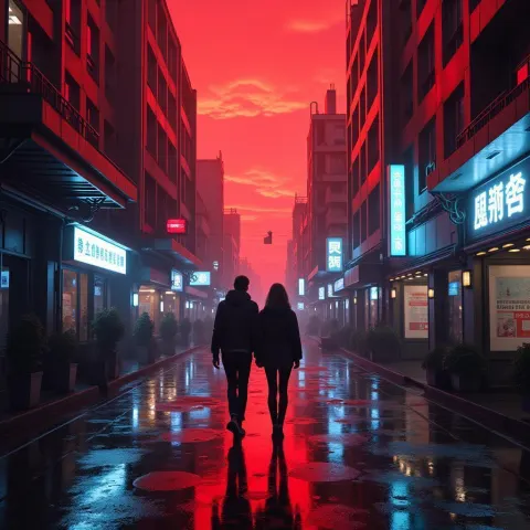 Couple Strolling Neon Streets Under Red Sky