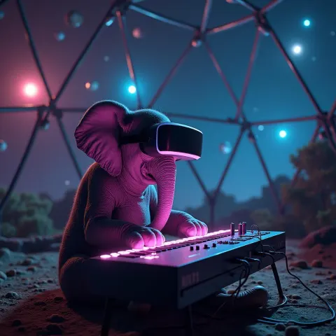 VR Elephant Playing Synthesizer Among Galaxies