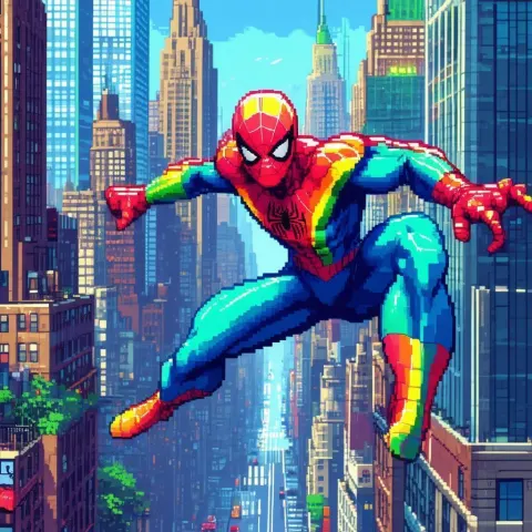 Rainbow Suit Spider Man Swinging Pixel Manhattan