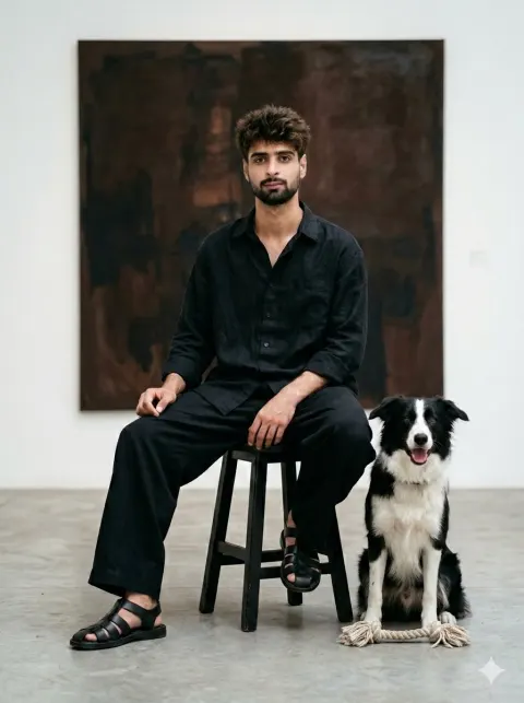 Stylish Man with Dog in Minimalist Gallery