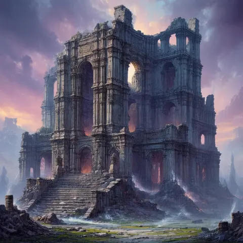 Crumbling Tower Ruins in Ethereal Twilight