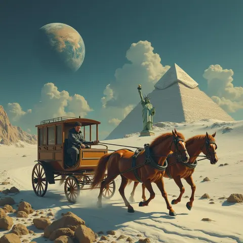 Moonlit Carriage Beneath Earthrise and Monuments