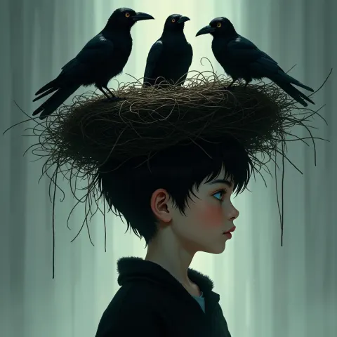 Cinematic Boy Crowned by a Crow Nest