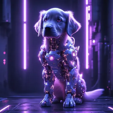 Muscular Neon Golden Retriever in Purple Shadows