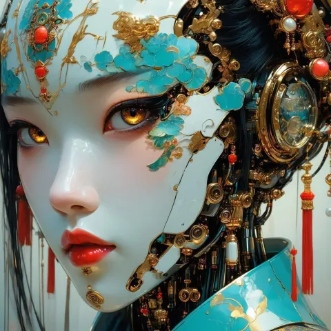 Cyberpunk Machine Face With Chinese Opera Motifs