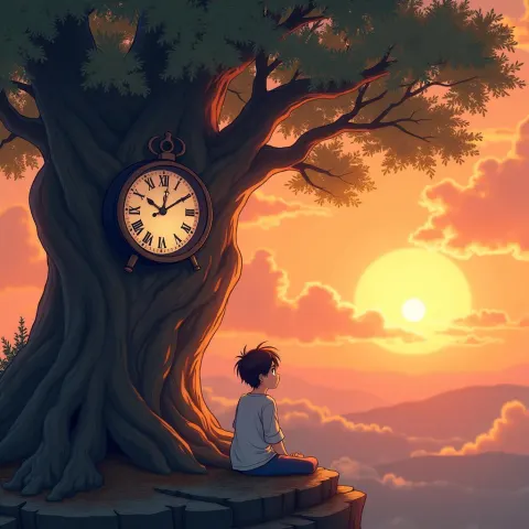 Anime Sunset With a Clock Nested in Trees
