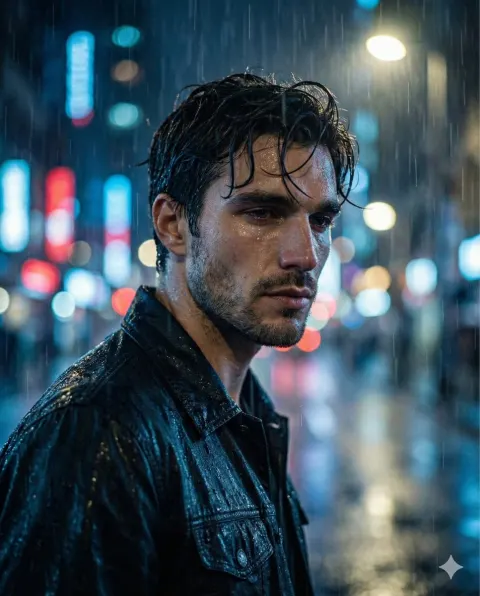 Melancholic Boy in Rainy Night