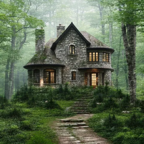 Stone House Woven Into an Enchanted Forest