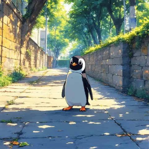 Anime Penguin Posing on a Golden Sidewalk