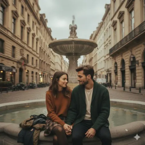 Romantic Autumn Couple By Paris Fountain