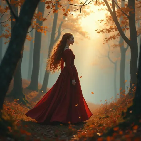 Sansa Stark in a Misty Autumn Forest
