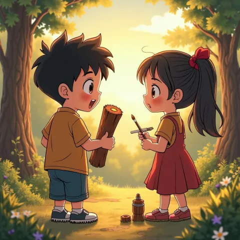 Boy and Girl Painting Wood at Sunset