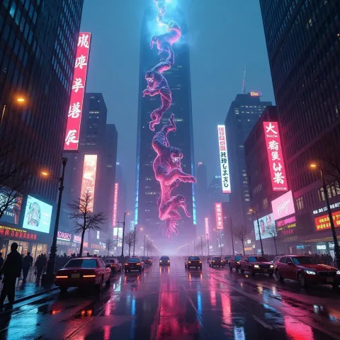 Neon Tiger Tornado Striking a Cyberpunk Tower
