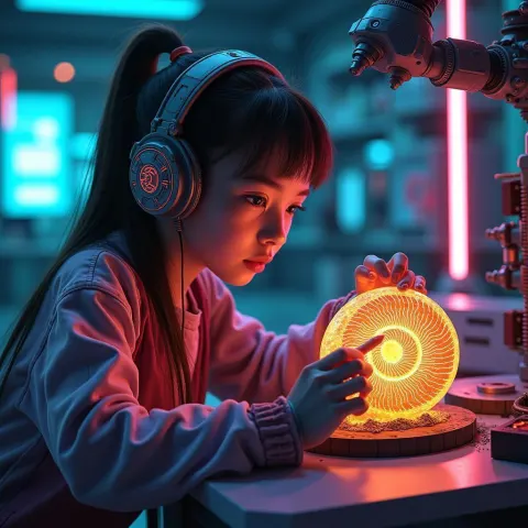 Neon Lab Girl Studying a Glowing Ammonite