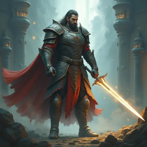 Ornate Armored Warrior on Mystical Battlefield