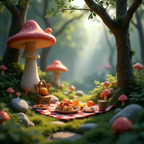 Charming 3D Picnic in Mushroom Forest