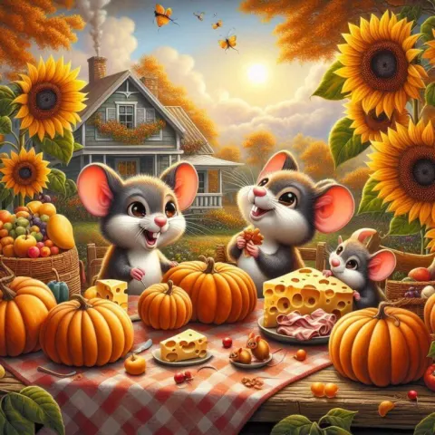 Whimsical Mice Dining with Sunflowers
