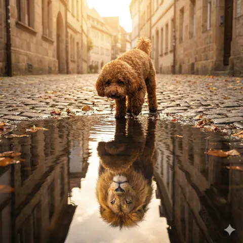Poodle Sees Lion In Puddle Reflection