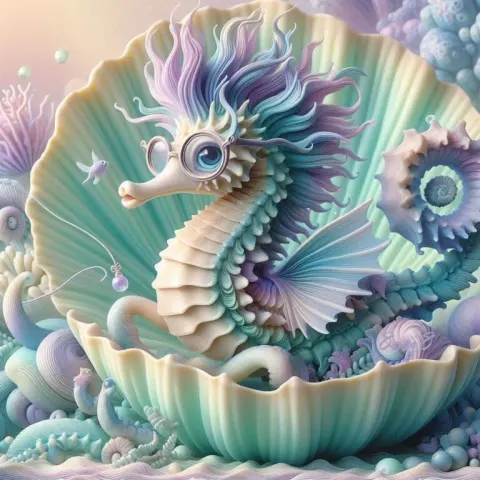 Playful Seahorse on Clam in Sea