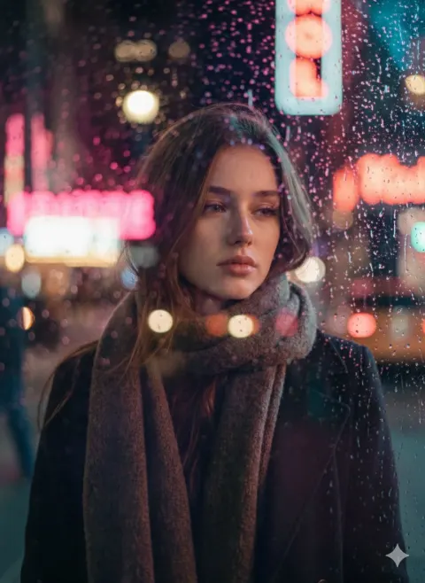 Neon Rainy Night Window Portrait