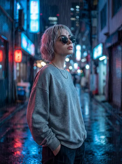 Rainy Neon City Portrait