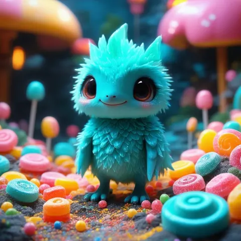 Whimsical Creature Roaming a Vibrant Candy World