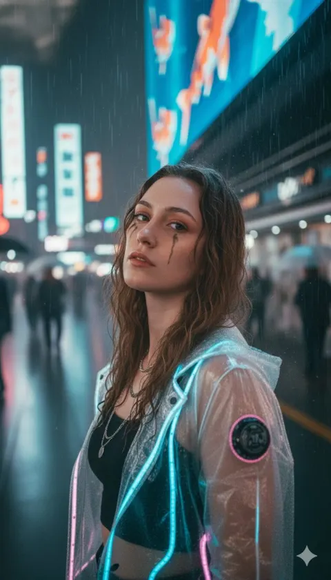 Rainy Neon Cyberpunk Girl Shinjuku
