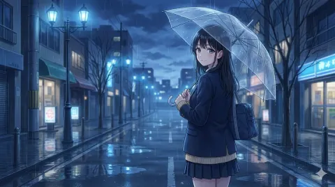 Rainy Night Anime Girl Glance
