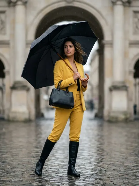 Cinematic Yellow Rain Fashion Portrait