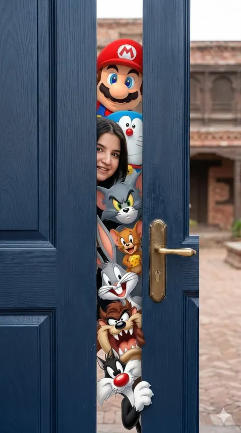 Cartoon Characters Peeking Behind Door
