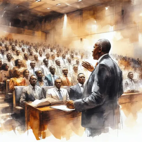 Ghana's President Addressing Hall in Ink Wash