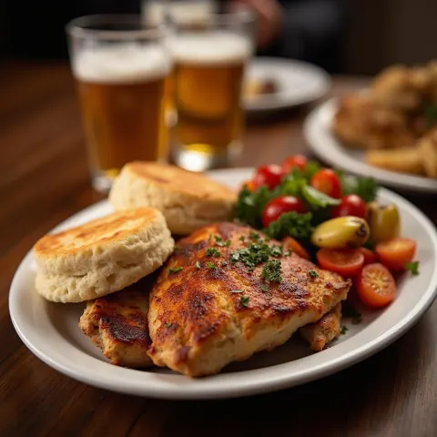 Grilled Chicken and Biscuits Under Warm Light