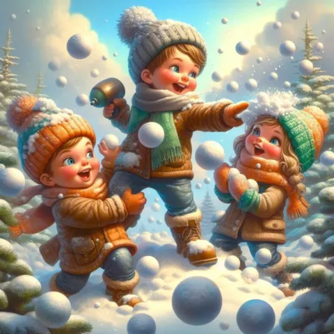 Whimsical Kids Having Snowball Fight