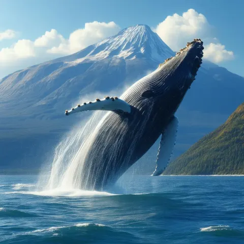 3D Whale Breaching Beside a Mountain