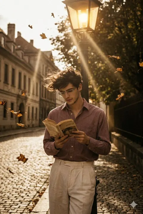 Vintage Bad Boy Reading Under Streetlamp