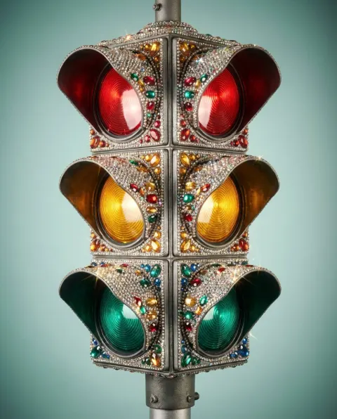 Vintage Gemstone Traffic Light Closeup