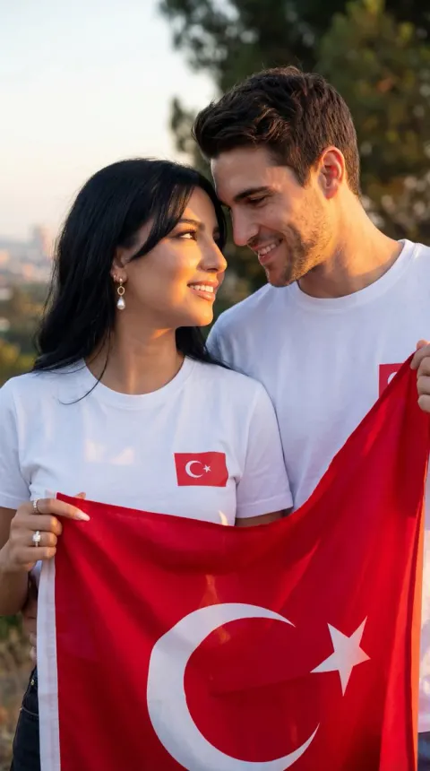 Romantic Couple Holding Flag Together