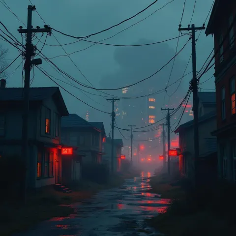 Corrupted Countryside Beneath Eerie Neon Cityscape