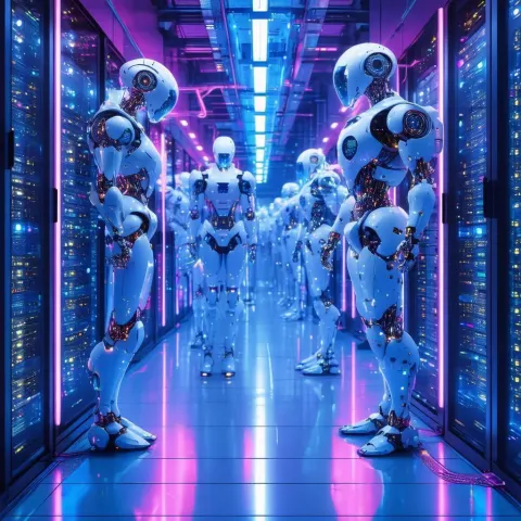 Anime Robots Running a Neon Data Center
