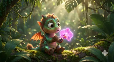 Cute Dragon Cub Holds Magic Orchid