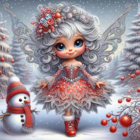 Charming Fairy with Snowman in Forest