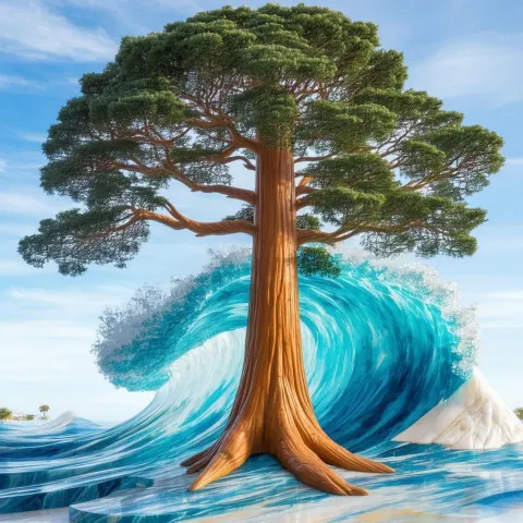 Marble Sequoia Facing a Towering Blue Wave
