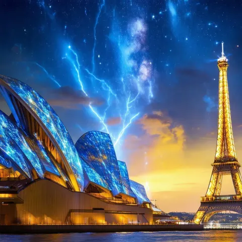 Sydney Opera House Meets Eiffel Tower Nightfall